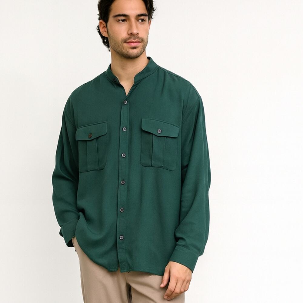 Tommy Bahama Relax Camp Shirt XL Green Long Sleeve 100% Silk Wool Resortwear